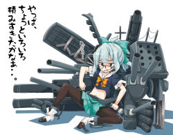 Rule 34 | 10s, 1girl, bad id, bad pixiv id, bespectacled, blush, bow, brown eyes, glasses, grey hair, hair bow, kantai collection, midriff, navel, ogami kazuki, open mouth, pantyhose, personification, ponytail, school uniform, serafuku, short hair, short ponytail, short sleeves, skirt, solo, spread legs, translation request, yuubari (kancolle)