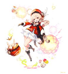 Rule 34 | 1girl, :d, ahoge, backpack, bag, bag charm, bloomers, bomb, boots, brown footwear, brown gloves, brown scarf, charm (object), clover print, coat, commentary request, dodoco (genshin impact), explosion, explosive, full body, genshin impact, gloves, hair between eyes, hat feather, hat ornament, highres, jumpy dumpty, klee (genshin impact), knee boots, kneehighs, light brown hair, long hair, long sleeves, looking at viewer, low twintails, open mouth, orange eyes, punc p, randoseru, red coat, red headwear, scarf, sidelocks, simple background, smile, socks, solo, twintails, underwear, white background