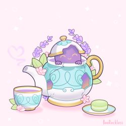 Rule 34 | ^ ^, artist name, beereckless, closed eyes, crack, creatures (company), cup, closed eyes, food, game freak, gen 8 pokemon, heart, lavender, macaron, nintendo, no humans, pink background, pokemon, pokemon (creature), polteageist, simple background, solo, steam, teacup, teapot