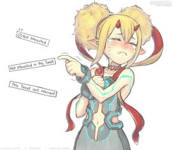 Rule 34 | 1girl, blonde hair, closed eyes, crying, electra (xenoblade), glowing lines, gofelem, horns, navel, pointy ears, simple background, solo, white background, xenoblade chronicles (series), xenoblade chronicles 2