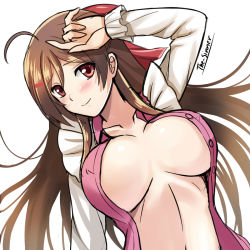 Rule 34 | 10s, 1girl, ahoge, apron, arm at side, blouse, breasts, brown hair, buttons, hair ornament, hair ribbon, hairclip, hand on own forehead, head tilt, highres, kantai collection, kappougi, large breasts, light smile, long hair, looking at viewer, mamiya (kancolle), navel, no bra, open clothes, open shirt, pink shirt, ponytail, red eyes, ribbon, shirt, smile, solo, the-sinner, unbuttoned, upper body