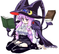 Rule 34 | 1girl, book, breasts, cosplay, crescent, crossover, female focus, garter straps, hat, large breasts, lilith (cosplay), lilith (yamibou), lilith (yamibou) (cosplay), long hair, lute (apocalypselibrary), open book, parody, patchouli knowledge, pencil skirt, purple hair, reading, simple background, sitting, skirt, solo, thighhighs, touhou, very long hair, wariza, white background, witch hat, yami to boushi to hon no tabibito, zettai ryouiki