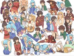 Rule 34 | 1boy, 5girls, ahoge, alcohol, all fours, aqua (konosuba), arm around shoulder, arm support, armor, armored boots, armpits, ass, bandages, bandaged leg, bandages, bare shoulders, beer mug, belt, between breasts, blonde hair, blue eyes, blue footwear, blue hair, blue legwear, blue shirt, blue skirt, blush, bodystocking, boots, bottle, bow, braid, breasts, brown belt, brown cape, brown eyes, brown footwear, brown gloves, brown hair, cape, cheek pull, clenched hand, clenched hands, cloak, closed mouth, crown braid, crying, cup, darkness (konosuba), detached sleeves, dress, closed eyes, fighting stance, fingerless gloves, gloves, green bow, green cape, hair ornament, hair over one eye, hair rings, hand to own mouth, hands on own hips, hat, unworn hat, unworn headwear, high ponytail, holding, holding person, holding bottle, holding sword, holding weapon, kneeling, kono subarashii sekai ni shukufuku wo!, large breasts, long hair, looking down, looking to the side, looking up, low tied hair, lying, megumin, mug, multiple girls, naked towel, necktie, necktie between breasts, nude, on stomach, open mouth, outstretched arm, partially submerged, peeing, pink neckwear, ponytail, red cloak, red dress, red eyes, robe, satou kazuma, shima (landsuzume), shirt, short hair, short hair with long locks, sidelocks, single thighhigh, sitting, skirt, sleeveless, sleeveless shirt, smile, squatting, standing, sword, thigh boots, thighhighs, thighhighs under boots, thighs, thumbs up, tongue, tongue out, towel, tying hair, weapon, white background, white towel, witch hat, wiz (konosuba), writing, x hair ornament, yunyun (konosuba)