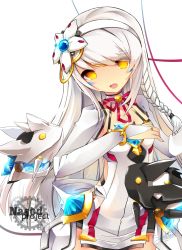 Rule 34 | 1girl, absurdres, bad id, bad pixiv id, braid, bridal gauntlets, code: electra (elsword), detached collar, elsword, eve (elsword), hairband, highres, long hair, moby (elsword), remy (elsword), robot, sheltea, skirt, smile, solo, tattoo, white background, white hair, yellow eyes