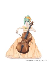 Rule 34 | 1girl, alice carroll, alternate costume, alternate hairstyle, aqua hair, aria (manga), blue eyes, bow (music), breasts, cello, collarbone, copyright name, copyright notice, dated, dress, flower, frilled dress, frills, hair between eyes, hair flower, hair ornament, holding, holding instrument, instrument, looking at viewer, music, off-shoulder dress, off shoulder, official art, orange dress, playing instrument, sidelocks, simple background, sitting, sleeveless, small breasts, smile, solo, strapless, strapless dress, white background