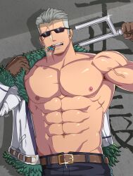 Rule 34 | 1boy, abs, bara, bare pectorals, cowboy shot, facial hair, facing viewer, glint, hidekiryouji, highres, holding, holding weapon, large pectorals, male focus, mature male, medium sideburns, muscular, muscular male, navel, nipples, one piece, pectorals, scar, scar on face, scar on forehead, short hair, sideburns stubble, smoker (one piece), solo, sparse stubble, stitches, stomach, stubble, sunglasses, tsurime, weapon, white hair