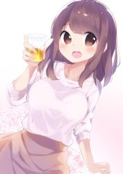 Rule 34 | 1girl, blush, breasts, brown eyes, brown hair, brown skirt, chikuwa., cup, drinking glass, dutch angle, floral background, hand up, holding, holding cup, holding drinking glass, large breasts, looking at viewer, open mouth, original, shirt tucked in, skirt, sleeves past elbows, smile, solo, sweater, teeth, upper body, white sweater