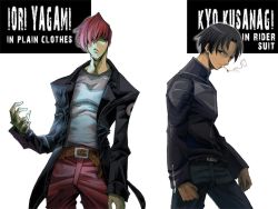 Rule 34 | 2boys, belt, biker clothes, black hair, casual, character name, cigarette, english text, hair over one eye, kusanagi kyou, male focus, multiple boys, pants, red hair, red pants, saturn-freak, short hair, smoke, smoking, snk, the king of fighters, yagami iori