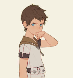 Rule 34 | 1boy, adventurer (ff14), aged down, arm at side, bare arms, belt pouch, blue eyes, brown hair, child, closed mouth, ffxivys, final fantasy, final fantasy xiv, from side, frown, hand up, looking at viewer, looking to the side, male focus, pouch, short hair, short sleeves, simple background, solo, warrior of light (ff14), wiping mouth