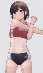 Rule 34 | 1girl, akipeko, arm across chest, blush, breasts, brown eyes, brown hair, buruma, closed mouth, collarbone, commentary, cowboy shot, grey background, hair between eyes, highres, looking at viewer, midriff, navel, original, ponytail, short hair, simple background, small breasts, solo, sports bikini, sports bra, standing, stretched limb, stretching, tan, tanline, track uniform