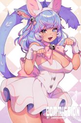Rule 34 | 1girl, animal ears, blue eyes, blue hair, blush, breasts, brown eyes, cleavage, commission, cookie hana, fang, heterochromia, highres, large breasts, long hair, multicolored hair, open mouth, original, pink hair, smile, solo, tail