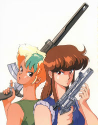 Rule 34 | 1980s (style), 2girls, back-to-back, blonde hair, brown hair, bubblegum crisis, compensator, crossover, earrings, finger on trigger, gall force, green hair, gun, handgun, highres, jewelry, long hair, lufy, multicolored hair, multiple girls, oldschool, open mouth, priscilla asagiri, red eyes, retro artstyle, revolver, rifle, short hair, simple background, sleeveless, smith &amp; wesson, sonoda ken&#039;ichi, tan, trigger discipline, two-tone hair, weapon