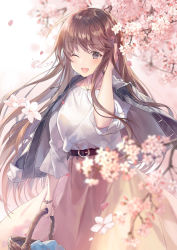 Rule 34 | 1girl, basket, beige skirt, black jacket, blush, breasts, brown eyes, brown hair, cherry blossoms, commentary request, holding, holding basket, jacket, jewelry, kagachi saku, long hair, long skirt, looking at viewer, medium breasts, necklace, one eye closed, open mouth, original, shirt, signature, skirt, solo, white shirt
