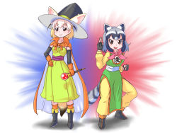 Rule 34 | 10s, 2girls, :d, animal ears, black footwear, black hair, blonde hair, blush, boots, brown eyes, cape, clenched hand, closed mouth, commentary request, common raccoon (kemono friends), cosplay, detached sleeves, dragon quest, dragon quest iii, dress, fang, fennec (kemono friends), fighter (dq3), fighter (dq3) (cosplay), fingerless gloves, fox tail, full body, gloves, green dress, grey hair, hat, holding, holding wand, kemono friends, looking at viewer, mage (dq3), mage (dq3) (cosplay), multicolored hair, multiple girls, open mouth, orange cape, orange gloves, orange legwear, pants, pelvic curtain, pxton, raccoon ears, raccoon tail, sash, sketch, smile, socks, standing, tail, wand, white background, white hair, witch, witch hat, yellow pants
