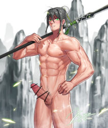 Rule 34 | 1boy, abs, bar censor, bara, black hair, blush, bun cover, censored, completely nude, erection, facial hair, fate/grand order, fate (series), genderswap, genderswap (ftm), green eyes, hand on own hip, holding, holding lance, holding polearm, holding weapon, jin (sirius-j), lance, large pectorals, looking at viewer, male focus, male pubic hair, medium hair, muscular, muscular male, navel, navel hair, nipples, nude, over shoulder, pectorals, penis, polearm, pubic hair, qin liangyu (fate), sidelocks, solo, stubble, thick thighs, thighs, weapon, weapon over shoulder