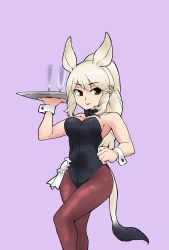 Rule 34 | 1girl, alternate costume, animal ears, black bow, black bowtie, black leotard, black pantyhose, bow, bowtie, brown eyes, commentary request, cowboy shot, cup, drinking glass, extra ears, gravi pig4891, highres, kemono friends, leotard, pantyhose, playboy bunny, ponytail, rhinoceros ears, rhinoceros girl, short hair, solo, strapless, strapless leotard, tail, tray, white hair, white rhinoceros (kemono friends), wrist cuffs