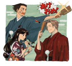 Rule 34 | 1girl, 2boys, ace attorney, akeome, alternate costume, black hair, blue kimono, blunt bangs, brown eyes, brown hair, closed eyes, dated, floral print, grey hair, happy new year, highres, holding, holding paintbrush, japanese clothes, kimono, long hair, looking at another, maya fey, miles edgeworth, multiple boys, new year, obi, open mouth, paintbrush, phoenix wright, red kimono, renshu usodayo, sash, short hair, smile, speech bubble, wide sleeves