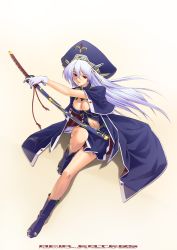 Rule 34 | 1girl, blue hair, boots, breasts, cleavage, gloves, gradient background, hat, katana, kazuma muramasa, legs, long hair, looking at viewer, midriff, navel, red eyes, sitting, solo, sword, thighs, weapon, yellow background