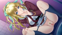 Rule 34 | 1girl, blonde hair, blue eyes, blush, breasts, censored, dutch angle, elena irving, embarrassed, female pubic hair, fudegaki soft, game cg, grey panties, high ponytail, indoors, large breasts, long hair, looking at viewer, mosaic censoring, panties, panty pull, ponytail, pubic hair, pussy, school uniform, socks, solo, squat toilet, squatting, underwear, wizard links