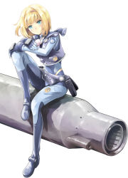 Rule 34 | 10s, 1girl, blonde hair, blue eyes, bodysuit, cannon, gloves, hairband, heavy object, highres, juice box, looking at viewer, machinery, milinda brantini, official art, sailor collar, saitou sakae, short hair, simple background, solo, white background