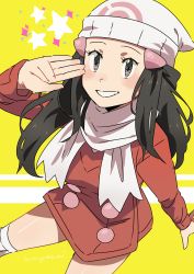 Rule 34 | 1girl, beanie, black hair, blush, coat, commentary request, creatures (company), dawn (pokemon), eyelashes, game freak, grey eyes, hair ornament, hairclip, hand up, hat, highres, hunnyamai, long hair, long sleeves, looking up, nintendo, over-kneehighs, pokemon, pokemon dppt, pokemon platinum, red coat, scarf, shiny skin, sidelocks, smile, solo, star (symbol), thighhighs, white hat, white scarf, white thighhighs, winter clothes, yellow background