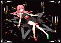 Rule 34 | 1girl, alternate costume, alternate hair color, armlet, asymmetrical footwear, bare legs, blush, bracelet, candelabra, candle, candlestand, collar, female focus, head wings, ideolo, jewelry, koakuma, leg ribbon, long hair, looking at viewer, lying, mismatched footwear, nail polish, no socks, on back, pentagram, pink hair, pointy ears, red eyes, ribbon, smile, solo, thigh ribbon, touhou, wings