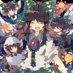 Rule 34 | 2girls, arms up, black wings, blush, blush stickers, bow, brown eyes, brown hair, cape, chibi, closed eyes, commentary request, control rod, egg, eggshell, eggshell hat, feathered wings, green bow, green skirt, hair bow, hatching, highres, kaenbyou rin, kaenbyou rin (cat), long hair, multiple girls, multiple tails, multiple views, nikorashi-ka, open mouth, outstretched arms, paw print, puffy short sleeves, puffy sleeves, reiuji utsuho, shirt, short sleeves, skirt, smile, star (symbol), star print, sun symbol, tail, third eye, touhou, triangle mouth, two tails, white cape, white shirt, wings
