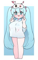Rule 34 | :d, blue background, blue eyes, blue hair, bottomless, breasts, chibi, double v, hair between eyes, hatsune miku, heart, heart-shaped pupils, highres, kiosk (artist), large breasts, long hair, open mouth, see-through, see-through shirt, simple background, sleep mask, smile, symbol-shaped pupils, teeth, twintails, upper teeth only, v, vocaloid, white background