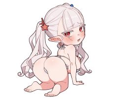 Rule 34 | 1girl, arm support, ass, barefoot, bent over, bikini, blunt bangs, blush, breasts, chibi, colored eyelashes, draculina (last origin), earrings, fangs, from behind, huge breasts, jewelry, last origin, long hair, looking at viewer, miman (hasutaro stream), mini person, minigirl, official alternate costume, open mouth, pointy ears, red eyes, shortstack, simple background, solo, star (symbol), star earrings, swimsuit, twintails, very long hair, white background, white hair