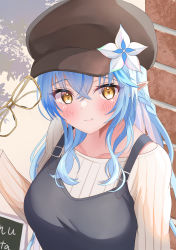 Rule 34 | 1girl, absurdres, blue hair, blush, braid, breasts, brick, brick wall, cabbie hat, closed mouth, collarbone, crossed bangs, flower, glasses, half updo, hat, highres, hololive, looking at viewer, medium breasts, onabe no shime, pointy ears, ribbed sweater, smile, solo, suspenders, sweater, upper body, virtual youtuber, yellow eyes, yukihana lamy