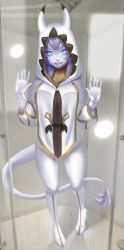 Rule 34 | 1girl, absurdres, against glass, blue eyes, boots, breast press, breasts on glass, colored skin, grey hair, grey skin, hands up, highres, hood, hood up, horned hood, horns, looking at viewer, monster girl, original, pants, roxxxan, shower (place), smile, solo, standing, tabard, tail, white footwear, white pants