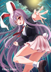 Rule 34 | 1girl, animal ears, bamboo, bamboo forest, blazer, blouse, blush, breasts, buttons, collared shirt, commentary request, crescent, crescent pin, forest, jacket, large breasts, light purple hair, long hair, long sleeves, looking at viewer, looking back, miniskirt, nature, necktie, night, night sky, open mouth, outdoors, pink skirt, pleated skirt, rabbit ears, rabbit girl, rabbit tail, red eyes, red necktie, reisen udongein inaba, shirt, shoes, skirt, sky, solo, tail, touhou, very long hair, white shirt, yamu (reverse noise)