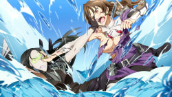 Rule 34 | 10s, 2girls, abyssal ship, ashigara (kancolle), bad id, bad pixiv id, beaten, beating, belt, black hair, blood, blood on face, boko (maniacpurple), breasts, brown eyes, brown hair, bruise, catfight, censored, convenient censoring, cuts, gloves, glowing, glowing eyes, highres, injury, kantai collection, komakedara, long hair, multiple girls, nosebleed, open mouth, pale skin, personification, ru-class battleship, screaming, splashing, torn clothes, water, wince