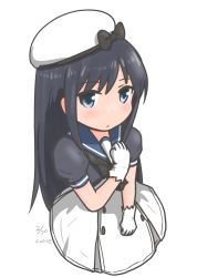Rule 34 | 1girl, asashio (kancolle), black hair, cosplay, curse (023), dress, gloves, hand on own chest, hat, highres, jervis (kancolle) (cosplay), jervis (kancolle), kantai collection, long hair, looking at viewer, sailor dress, sailor hat, white background