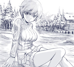 Rule 34 | 1girl, blush, breasts, closed mouth, greyscale, house, large breasts, liar lawyer, looking at viewer, monochrome, nikka edvardine katajainen, outdoors, ribbed sweater, short hair, sitting, solo, strike witches, sweater, world witches series