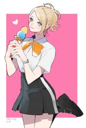 Rule 34 | 1girl, black footwear, black skirt, blonde hair, blue eyes, border, bow, bowtie, closed mouth, collarbone, commentary request, cowboy shot, foot up, heart, highres, holding, holding ice cream cone, ice cream cone, konbanha06, lisa silverman, looking at viewer, miniskirt, orange bow, orange bowtie, outside border, persona, persona 2, persona 2 tsumi, pink background, pleated skirt, school uniform, seven sisters high school uniform, shirt, short sleeves, skirt, solo, watch, white border, white shirt, wristwatch