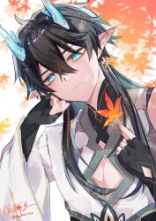 Rule 34 | 1boy, absurdres, black hair, blue eyes, chinese clothes, closed mouth, dan heng (honkai: star rail), dan heng (imbibitor lunae) (honkai: star rail), detached sleeves, dragon boy, dragon horns, earrings, expressionless, eyeliner, green horns, highres, honkai: star rail, honkai (series), horns, jewelry, koukai sita, leaf, long hair, looking at viewer, male focus, maple leaf, pointy ears, red eyeliner, shirt, solo, upper body, white background, white shirt