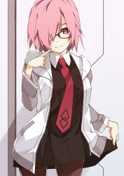 Rule 34 | 1girl, between breasts, black-framed eyewear, black dress, breasts, brown pantyhose, closed mouth, clothes lift, collared shirt, commentary request, dress, fate/grand order, fate (series), fingernails, glasses, grey jacket, hair over one eye, highres, hood, hood down, hooded jacket, index finger raised, jacket, large breasts, long sleeves, looking at viewer, mash kyrielight, necktie, necktie between breasts, open clothes, open jacket, pantyhose, pink hair, pocket, purple eyes, red necktie, shikei, shirt, short hair, skirt, skirt hold, skirt lift, smile, solo