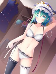 Rule 34 | 1girl, arm behind head, asymmetrical hair, black thighhighs, blue hat, bra, breasts, cleavage, closed mouth, commentary request, commission, frilled hat, frills, garter straps, green eyes, green hair, hat, lingerie, looking at viewer, midorino eni, navel, panties, shiki eiki, short hair, skeb commission, small breasts, solo, thighhighs, touhou, underwear, underwear only, white bra, white panties, white thighhighs