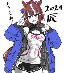 Rule 34 | 1girl, 2024, alternate costume, animal ears, black shorts, blue coat, blue eyes, blush, bow, breasts, cleavage, coat, commentary request, covered navel, cowboy shot, ear ornament, greyscale, grin, highres, horse ears, horse girl, limited palette, long hair, long sleeves, medium breasts, monochrome, open clothes, open coat, pink bow, ponytail, shorts, simple background, smile, solo, tokai teio (umamusume), translation request, umamusume, v, white background, yaki apple