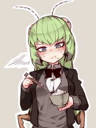 Rule 34 | 1girl, :t, antennae, arthropod girl, black bow, black bowtie, blush, borrowed character, bow, bowl, bowtie, chopsticks, eating, extra arms, female focus, food, food on face, formal, grasshopper inoue, green hair, grey background, grey sweater, highres, holding, holding chopsticks, hourai kochou, jacket, looking down, monster girl, multicolored hair, original, outline, rice, shirt, shirt under sweater, simple background, solo, suit jacket, sweater, upper body, white outline, white shirt