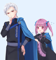 Rule 34 | 1boy, 1girl, black dress, black jacket, blue background, blue bow, blue cape, blush, bow, brother and sister, cape, commentary request, dress, flying sweatdrops, hair bow, hannelore (honzuki no gekokujou), highres, honzuki no gekokujou, jacket, jewelry, juliet sleeves, lestilaut (honzuki no gekokujou), long sleeves, nose blush, open mouth, outline, parted lips, pink hair, puffy sleeves, red eyes, rimo, ring, siblings, side cape, sleeves past wrists, tears, twintails, v-shaped eyebrows, white hair, white outline, wide sleeves