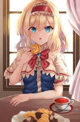 Rule 34 | 1girl, :o, alice margatroid, blonde hair, blue dress, blue eyes, blurry, blush, bow, bowtie, breasts, candy, capelet, chocolate, commentary, cookie, cup, curtains, depth of field, dress, erisauria, eyes visible through hair, food, frilled capelet, frilled hairband, frills, gem, hair between eyes, hairband, hand up, highres, holding, holding food, indoors, jewelry, light, looking at viewer, medium breasts, medium hair, open mouth, plate, puffy short sleeves, puffy sleeves, red bow, red bowtie, red hairband, shadow, shirt, short sleeves, sitting, solo, spoon, straight-on, sunlight, table, tea, touhou, tsurime, upper body, white capelet, white shirt, window