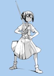 Rule 34 | 1girl, ankle socks, belt, blue background, closed mouth, commentary, dress, erica (naze1940), gloves, hair between eyes, highres, holding, holding sword, holding weapon, looking at another, mary janes, original, ponytail, puffy short sleeves, puffy sleeves, shoes, short hair, short sleeves, simple background, socks, solo, standing, sword, two-handed, weapon