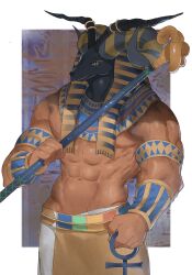 Rule 34 | 1boy, abs, animal head, ankh, bara, character request, cowboy shot, curled horns, dark skin, deer head, dougaku (passionpit777), egyptian mythology, extra horns, highres, holding, holding staff, horns, large pectorals, male focus, mixed horns, muscular, muscular male, navel, pectorals, solo, staff, standing, stomach, topless male, v-taper