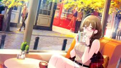 Rule 34 | 1girl, ahoge, autumn, bespectacled, blurry, blurry background, blush, book, braid, braided ponytail, brown hair, cactus, covered mouth, depth of field, earrings, falling leaves, glasses, holding, holding book, huge ahoge, idol, idolmaster, idolmaster shiny colors, indoors, jewelry, kuwayama chiyuki, leaf, looking at viewer, official art, photo (object), ribbed sweater, semi-rimless eyewear, shawl, side ponytail, sitting, sleeveless, sleeveless sweater, solo, sweater, tree, watch, window, wristwatch, yellow leaves