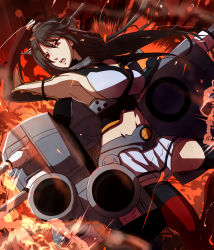 Rule 34 | 10s, 1girl, aiming, aiming at viewer, black hair, blush, breasts, brown hair, dearmybrothers, elbow gloves, explosion, gloves, hairband, highres, kantai collection, long hair, midriff, nagato (kancolle), personification, pleated skirt, red eyes, skirt, solo, thighhighs