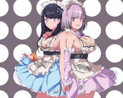 Rule 34 | 2girls, absurdres, alternate costume, bare shoulders, black hair, blue dress, blue eyes, bow, breasts, cleavage, collared shirt, commentary request, covered erect nipples, dress, frilled skirt, frills, gridman universe, highres, hitobashira (1746164306), holding, holding clothes, holding hands, holding skirt, large breasts, long hair, looking at another, maid headdress, multiple girls, open mouth, orange scrunchie, purple bow, purple dress, purple hair, red bow, red eyes, scrunchie, see-through, shinjou akane, shirt, short hair, side-by-side, skirt, sleeveless, smile, ssss.gridman, takarada rikka, thighs