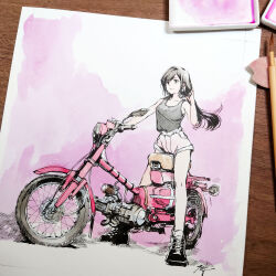 Rule 34 | 1girl, absurdres, ankle boots, art tools in frame, black footwear, black hair, black tank top, boots, cross-laced footwear, floating hair, hi fumiyo, highres, honda, honda ct110, honda super cub, lace-up boots, leather, leather boots, long hair, moped, motor vehicle, motorcycle, on motorcycle, on scooter, painting (medium), pink shorts, reiko (super cub), scooter, short shorts, shorts, simple background, smile, solo, solo focus, super cub, tank top, traditional media, watercolor (medium)
