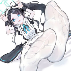 Rule 34 | 1girl, apron, aris (blue archive), aris (maid) (blue archive), black hair, blue archive, blue eyes, feet, foot focus, highres, kilabo, maid, maid apron, maid headdress, official alternate costume, official alternate hairstyle, pantyhose, ponytail, rabbit pose, solo, white pantyhose, wrist cuffs